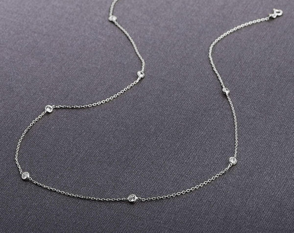 1pc 925 Sterling Silver BTY Station Cubic Zirconia Diamond Bezel Cable Chain Necklace, Tarnish Resistant Rhodium Plated, 4mm Bezel, Length Selections: 18/20/22 inch