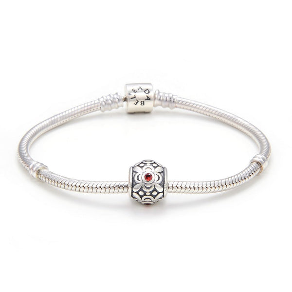 1pc 925 Sterling Silver Round Flower Pattern January Birthstone Bead Charm, Siam Red Garnet Cubic Zirconia CZ, 11.2x9.5mm, Hole ID 4.5mm, EC1-G1