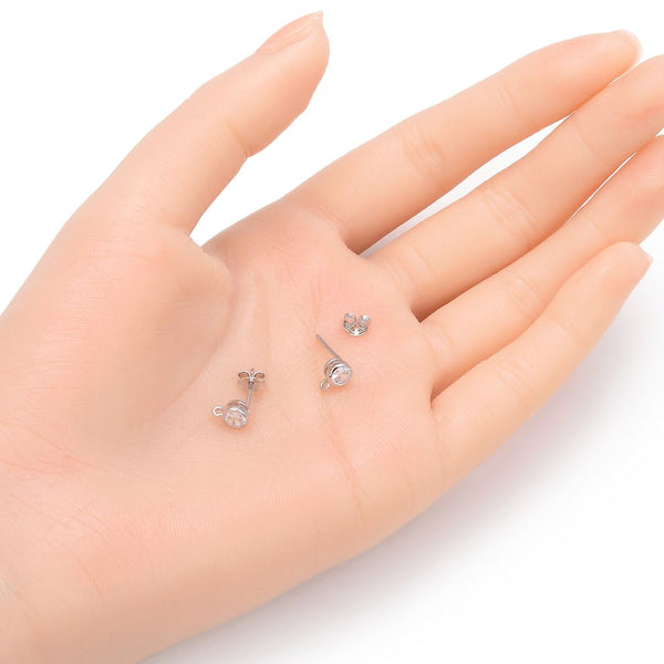 2 Pairs Sterling Silver Earring Posts, Closed Ring, 4pcs Earring Backs, Cubic Zirconia CZ , Tarnish Resistant Rhodium Plated, CZ Size Selections: 2/3/4/5mm
