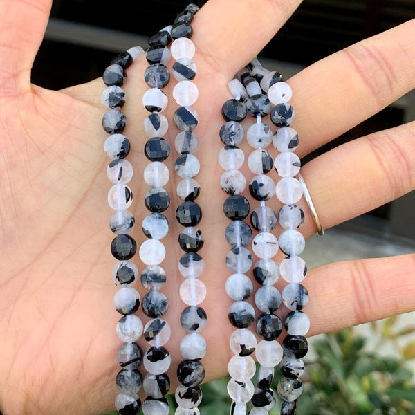 Natural Black Rutilated Quartz Gemstone Faceted Flat Round Coin Beads, 6mm, Hole ID 1mm, 15 Inch/1 Strand, GZ13-5