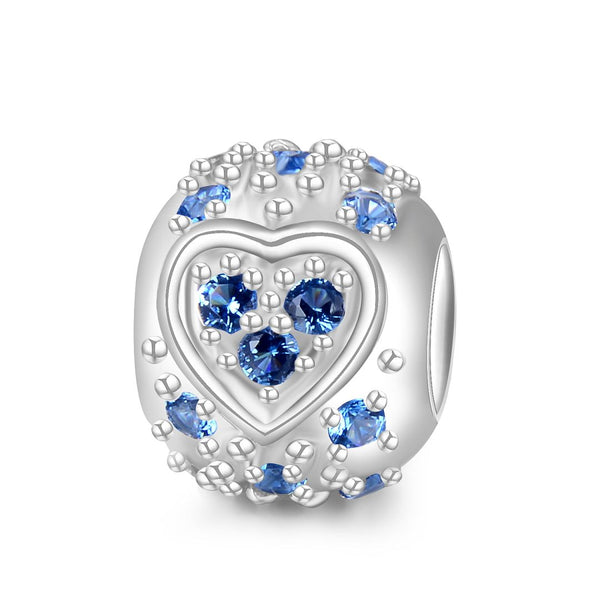1pc 925 Sterling Silver Round Heart Pattern December Birthstone Bead Charm, Blue Zircon Cubic Zirconia CZ, 11x9mm, Hole ID 4.5mm, EC1-H12