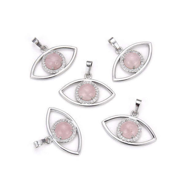 2pcs Natural Pink Rose Quartz Gemstone Pendants, 33x18mm Evil Eye Stone Drops, G2P-L3