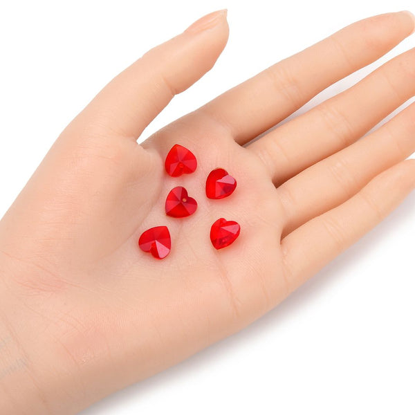 20pcs Top Drilled Valentine Heart Drop Crystal Beads, Light Red July Birthstone Beads, 10mm, Hole ID 1mm, BB15-7