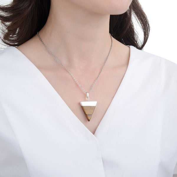 1pc Natural Brown Yellow Tiger Eye Triangle Gemstone Pendant Necklace, 18 Inch Surgical Stainless Steel Chain, GGP-A8
