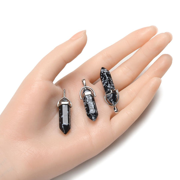 4pcs Natural Snowflake Obsidian Gemstone Pendants, 42mm Loose Bullet Point Stone Drops, G2P-C20