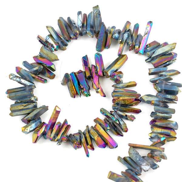 1 Strand Natural Raw Crystal Quartz Gemstone Beads, Small Drilled Stone Points, Rainbow AB Titanium Coated Stone Stick, 15 Inch, GA5