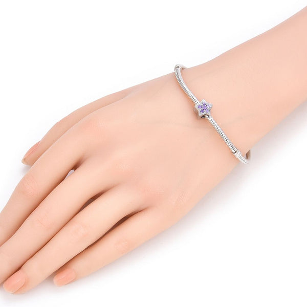 1pc 925 Sterling Silver Star Charm February Birthstone Bead Charm, Purple Amethyst Cubic Zirconia CZ, 10x9.5mm, Hole ID 4.5mm, EC1-K2