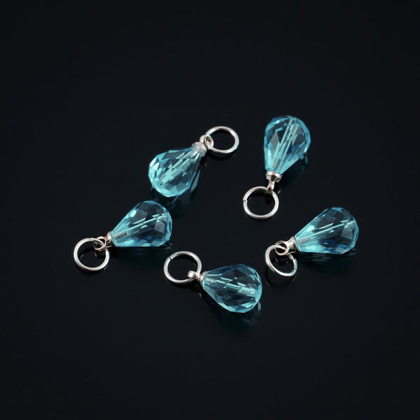 5pcs March Birthstone Charm Drops, 10mm Aquamarine Blue Austrian Teardrop Crystal Beads, Sterling Silver Plated Open Jump Rings, BR6-3