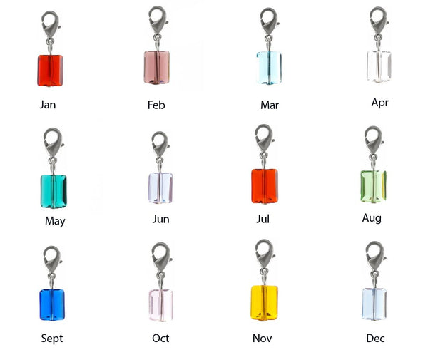 1 Set/12pcs Mixed Clip On Dangle Birthstone Charm Drops, 8mm Crystal Rectangle Beads, Sterling Silver Plated Clasp, BL11