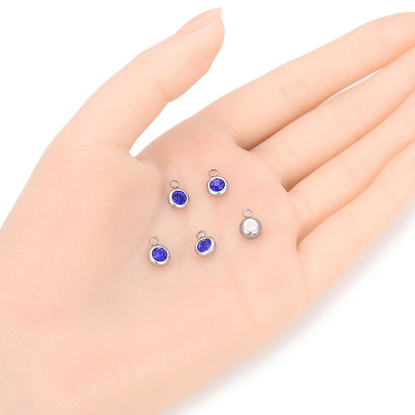 10pcs Grade A September Sapphire Blue Birthstone Charm Drops, Stainless Steel, Tarnish Resistant, 6mm, CCP32-9