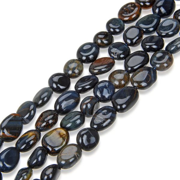 Natural Blue Tiger Eye Gemstone Oval Tumbled Pebble Beads, Irregular, 6mm to 8mm, Hole ID 1mm, 15 Inch/1 Strand, GZ11-28