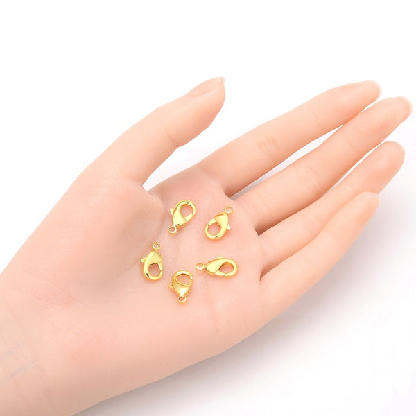 20pcs Tarnish Resistant Lobster Claw Clasps, 18K Yellow Gold Plated Brass, Size Selections: 10mm/12mm/15mm/20mm