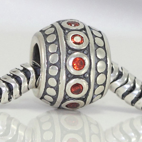 1pc 925 Sterling Silver Round January Birthstone Bead Charm, Siam Red Garnet Cubic Zirconia CZ, 10x8mm, Hole ID 4.5mm, EC1-F1