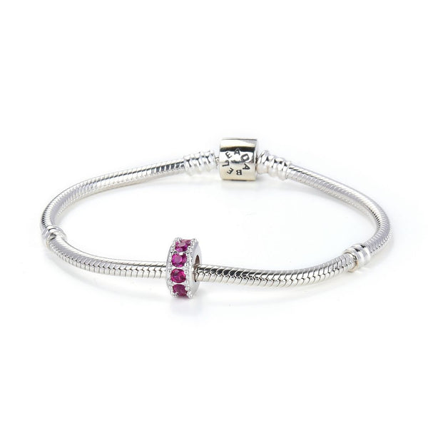 1pc 925 Sterling Silver July Birthstone Bead Charm, Red Ruby Cubic Zirconia CZ, 9.5x5mm, Hole ID 4.5mm, EC1-C7