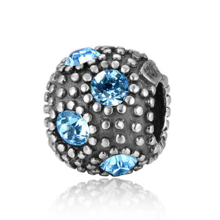 1pc 925 Sterling Silver March Birthstone Bead Charm, Blue Aquamarine Cubic Zirconia CZ, 10.3x9mm, Hole ID 4.5mm, EC1-M3