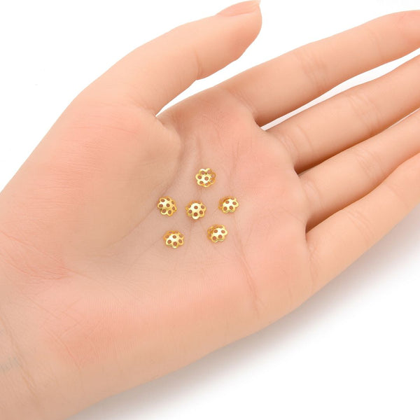 100pcs Filigree Flower Bead Caps, 18K Yellow Gold Plated Brass, 6mm, CF77-6