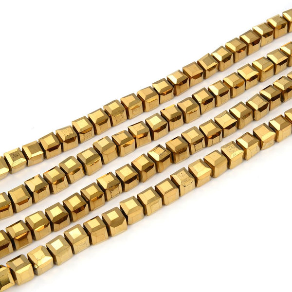 100pcs Creative Club Faceted Cube Crystal Glass Beads, Gold Aurum, 6mm, Hole ID 1mm, CCC633