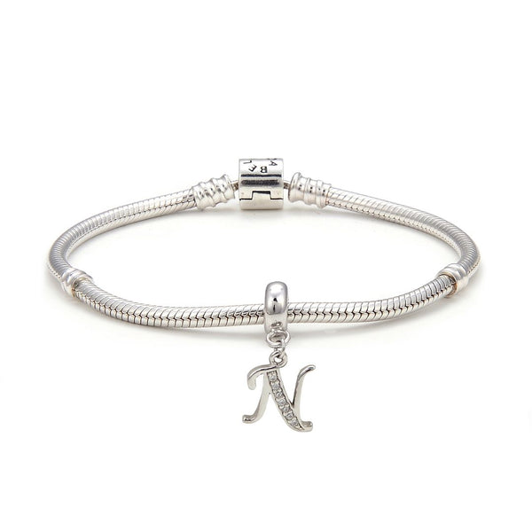 1pc 925 Sterling Silver Letter N, Alphabet Charm Pendant Drop, 18mm Long, Hole ID 4.5mm, EC3-A14