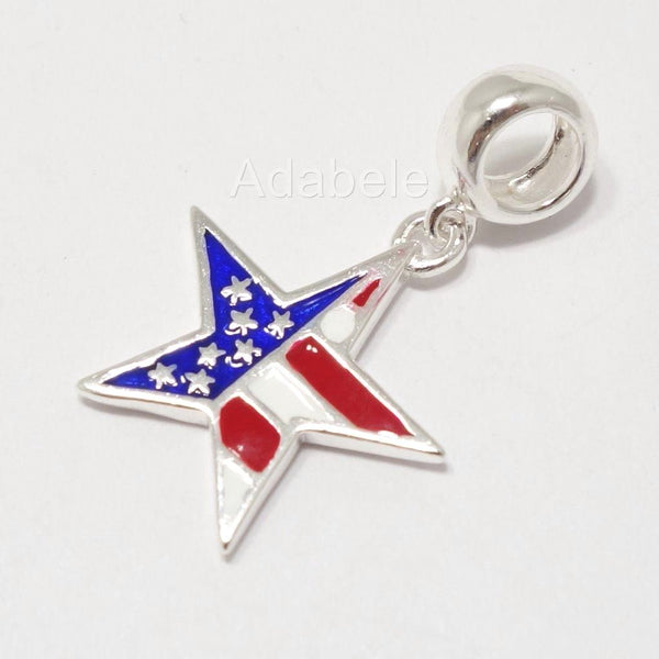 1pc Solid 925 Sterling Silver American Flag Bead Charm, Compatible with Pandora All Other Charm Bracelet, EC654