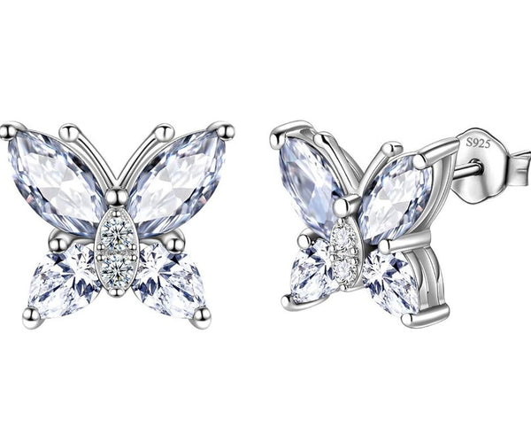 1 Pair 925 Sterling Silver April Birthstone Butterfly Stud Earrings, 10mm, Cubic Zirconia CZ Clear Diamond Stone, SSE83-4