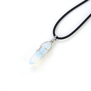 1pc Lab Created White Opal Gemstone Pendant Necklace, 18 Inch Leather Cord Jewelry, GGP-H11