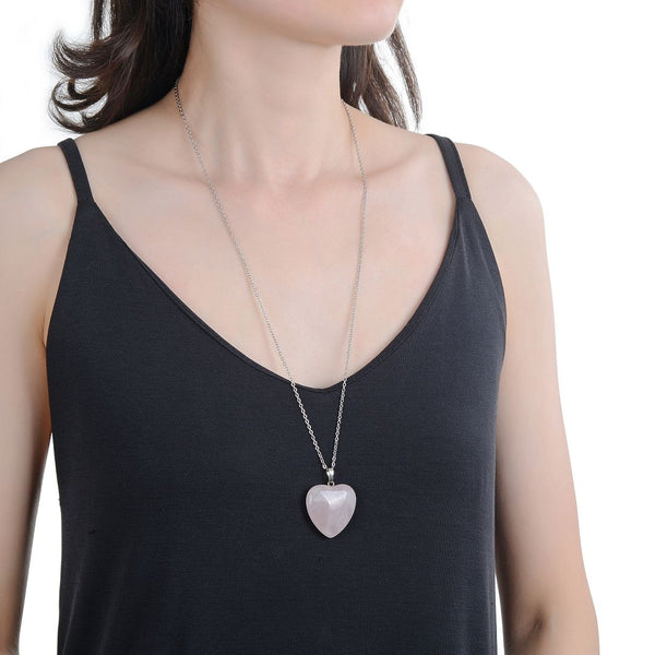 1pc You Are My Only Love Necklace, Natural Pink Rose Quartz Gemstone Large Heart Pendant, 26 Inch Surgical Stainless Steel Chain, GGP8-B5