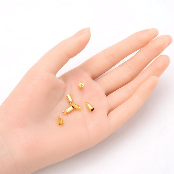 50pcs Tarnish Resistant Glue In Cord End Caps, 18K Yellow Gold Plated Brass, Hole ID Selections: 1mm/1.5mm/2mm/2.5mm/3mm