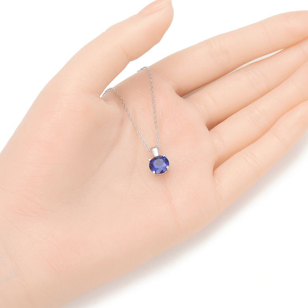 925 Sterling Silver September Birthstone Solitaire Necklace, 8mm/2 Carat Blue Sapphire Cubic Zirconia CZ, Length Selections: 16 inch/18 inch