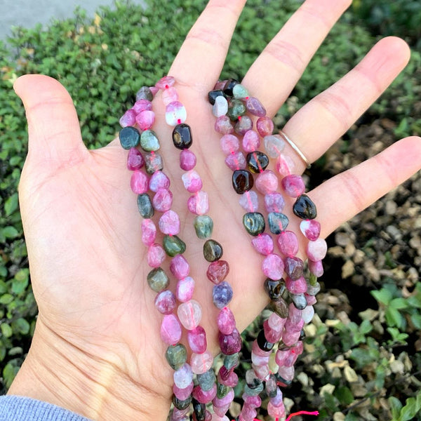 Natural Multi-color Tourmaline Gemstone Oval Tumbled Pebble Beads, Irregular, 6mm to 9mm, Hole ID 1mm, 15 Inch/1 Strand, GZ12-31