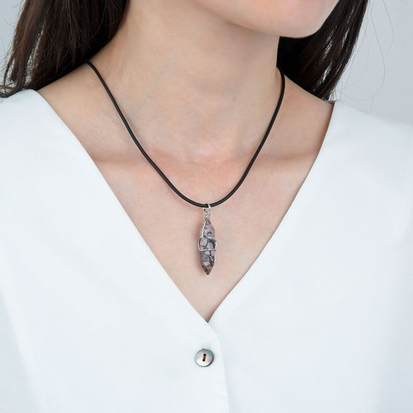 1pc Natural Rhodonite Pink Black Gemstone Pendant Necklace, 18 Inch Leather Cord Jewelry, GGP-H10