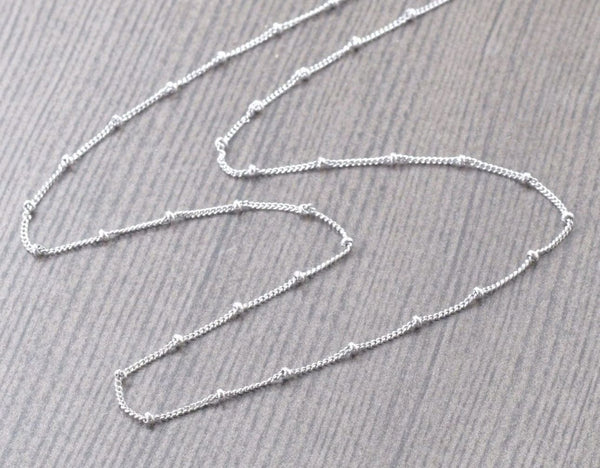 1pc 925 Sterling Silver Bead Station Curb Link Chain Necklace, Tarnish Resistant Rhodium Plated, 1.9mm Beads, Thin Small, Length Selections: 16/18/20/22/24/26/28 Inch