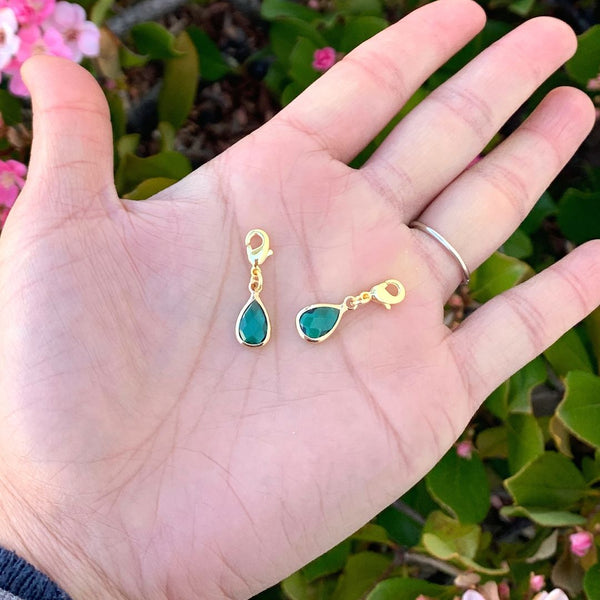2pcs Clip On Dangle May Emerald Green Birthstone Charm Drops, Tarnish Resistant, 18K Yellow Gold Plated Lobster Clasp, BL8-5