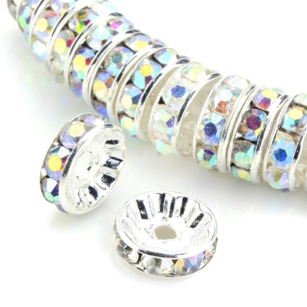 100pcs AAA Grade Rhinestone Rondelle Beads, Sterling Silver Plated Brass, Clear AB Rhinestone, Color Selections: 4mm/5mm/6mm/8mm/10mm/12mm