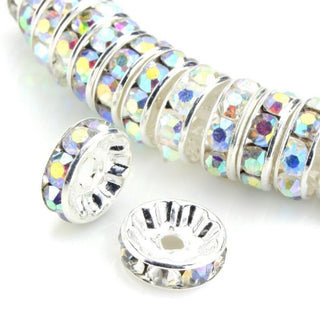 100pcs Grade A Rhinestone Rondelle Beads, Clear AB Rhinestone, Sterling Silver Plated Brass, Size Selections: 4mm/5mm/6mm/8mm/10mm/12mm