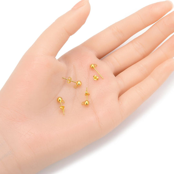 5 Pairs 925 Sterling Silver Ball Earring Posts, Real 18K Yellow Gold Plated, Open Ring, 10pcs Earring Backs, Ball Size Selections: 3mm/4mm/5mm