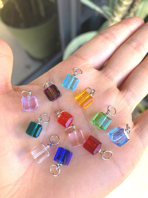 1 Set/12pcs Mixed Dangle Birthstone Charm Drops, 8mm Cube Crystal Beads, Sterling Silver Plated Open Jump Rings, BR5