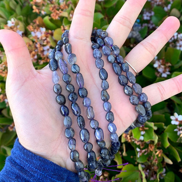 Natural Iolite Dichroite Gemstone Oval Tumbled Pebble Beads, Irregular, 7mm to 10mm, Hole ID 1mm, 15 Inch/1 Strand, GZ12-66