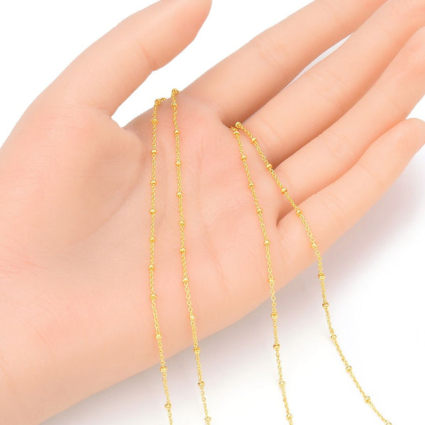 16.5 Feet Tarnish Resistant Satellite Bead Station Chain Link,  Dainty Thin Small, 18K Yellow Gold Plated Brass, 1.8mm Bead, BK5-E1