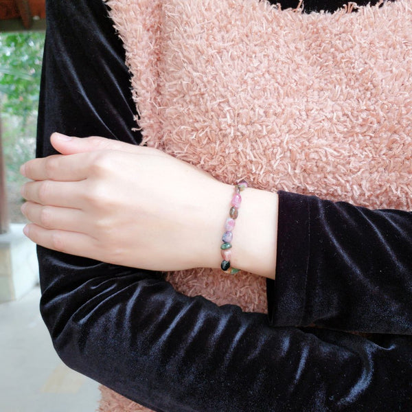 1 Strand Stretch Natural Multi-color Tourmaline Free Form Gemstone Bracelet, 5-8mm Small Beads, Length Selections: 7 inch/7.5 inch