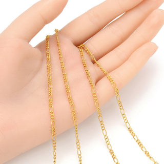 16.5 Feet Tarnish Resistant Diamond Cut Figaro Chain Link, 24K Yellow Gold Plated, Long Lasting, Size Selections: 2mm/2.5mm