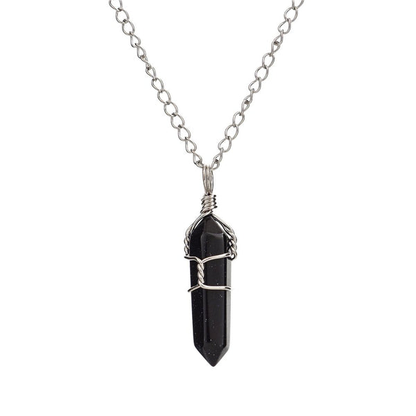 1pc Blue Goldstone Sandstone Gemstone Pendant Necklace, 18 Inch Surgical Stainless Steel Chain, GGP-E3
