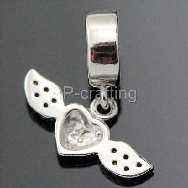 1pc Real 925 Sterling Silver Winged Angel Heart Bead Charm Pendant Cubic Zirconia CZ Gemstone, Compatible with Pandora All Other Charm Bracelet, EC7-D1