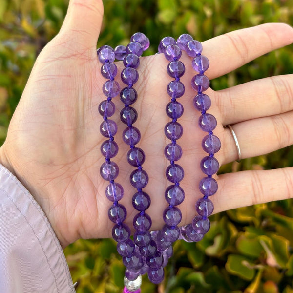 Adabele Premium 108 Mala Bead Purple Tassel Necklace, 8mm Natural Purple Amethyst Gemstone, Buddhist Japa Prayer Beaded Jewelry RGN1