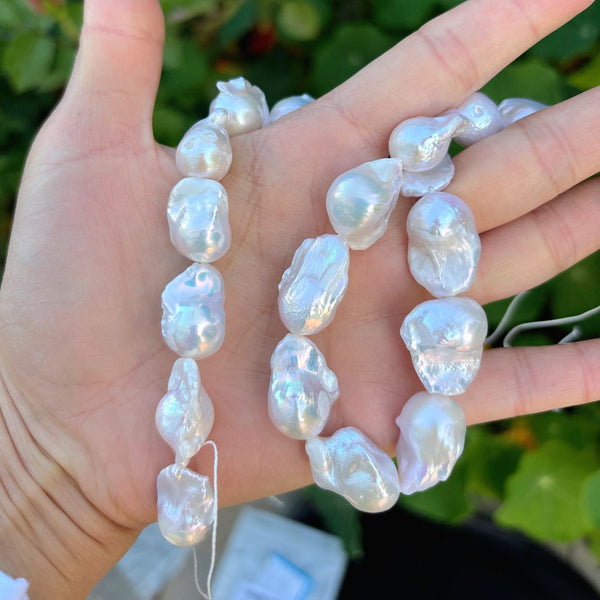 15 Inch Grade A Natural Baroque Pearl Beads, Irregular White Cultured Freshwater Flameball Teardrop Pearls, Large 15mm-24mm Flameball Pearls, Hole ID 1mm, PA1-25