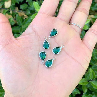 10pcs Grade A May Emerald Green Teardrop Birthstone Charm Drop, Sterling Silver Plated Brass, Size Selections: 11x7mm, 14x8mm, 16x9mm