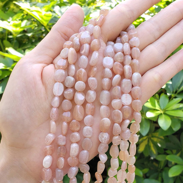 Natural Sunstone Gemstone Oval Tumbled Pebble Beads, Irregular, 6mm to 8mm, Hole ID 1mm, 15 Inch/1 Strand, GZ11-5