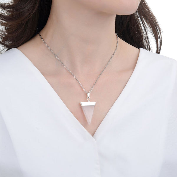 1pc Natural Pink Rose Quartz Triangle Gemstone Pendant Necklace, 18 Inch Surgical Stainless Steel Chain, GGP-A4