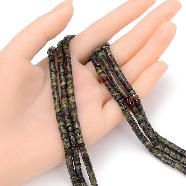Natural Dragon Bloodstone Jasper Gemstone Heishi Tube Rondelle Beads, 4x2mm/Small, Hole ID 0.9mm, 14.5 Inch/1 Strand, GH-C22