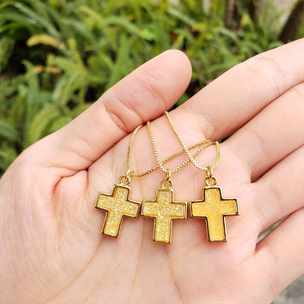 1pc Natural Druzy Crystal Pendant Necklace, Golden Champagne Cross Small Gemstone Pendant, 18 inch Gold Plated Stainless Steel Chain, GGP20-2