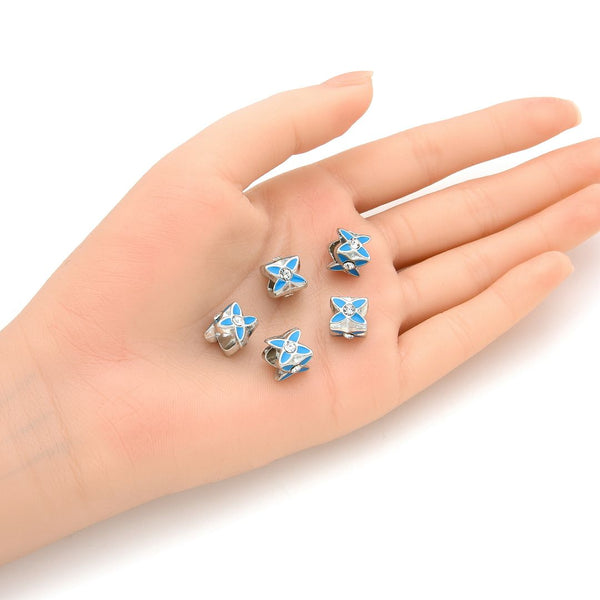 20pcs Sparkle Rhinestone Blue Enamel Flower Large Hole Beads, Hole ID 4.5mm, Antique Silver, Zinc Alloy Metal, MEC-E5